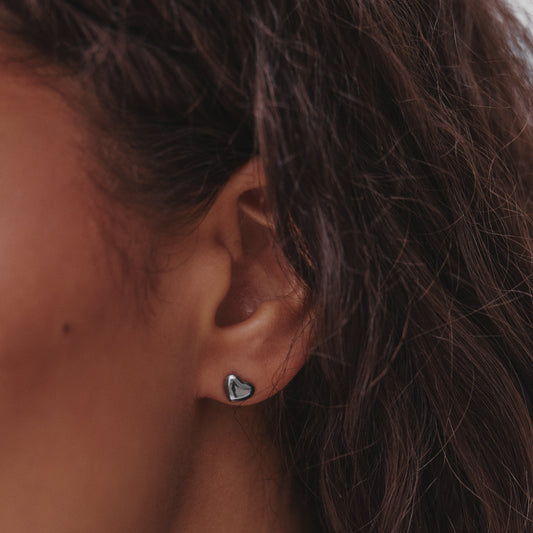 Mini Heart Stud Earrings - Silver